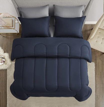 Maple&Stone Queen Size Comforter Set 7 Pieces Bed in a Bag - Down Alternative Bed Set with Sheets, Pillowcases & Shams, Soft Reversible Duvet Insert for Queen Bed, Navy & Dark Grey
