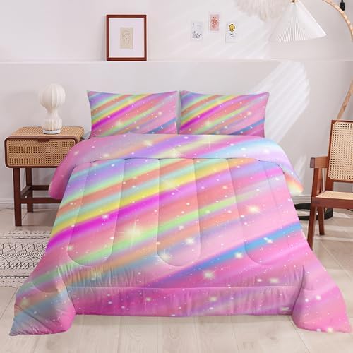 Pink Rainbow Gradient Star Comforter Set King Size,Colorful Bedding Set for Boys Girls Teens,Tie Dye Pastel 3 Pieces Duvet Sweet Bedroom Decor