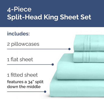 Split Head King Sheet Set – 4 Piece Flex Split Top King Sheets for Adjustable Beds - Fits 14” to 16" Mattress w/ Deep Pockets - Soft, Breathable & Cooling - Luxury Bedding and Wrinkle Free - Spa Blue