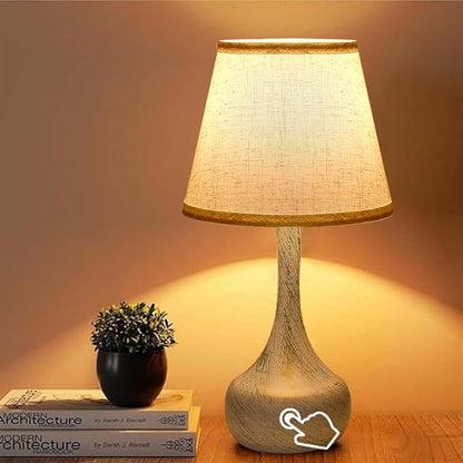 3-Way Dimmable Touch Table Lamps for Nightstand - Small Bedside Lamps with Fabric Shade in Black, Farmhouse Style Desk Lamp for Bedroom, Kids Room, Living Room, Home Office & Reading (White)
