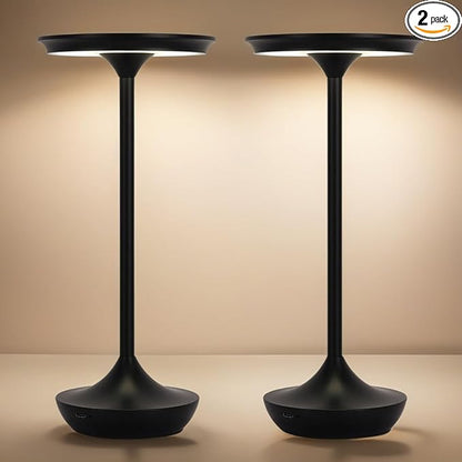 2 Pack LED Rechargeable Cordless Table Lamps,Portable Outdoor 6000 mAh Battery Operated Table Light Touch Control 3 Color Dimmable Waterproof for Patio/Cofee/Restaurant/Camping/Dining/ Bedroom-Black