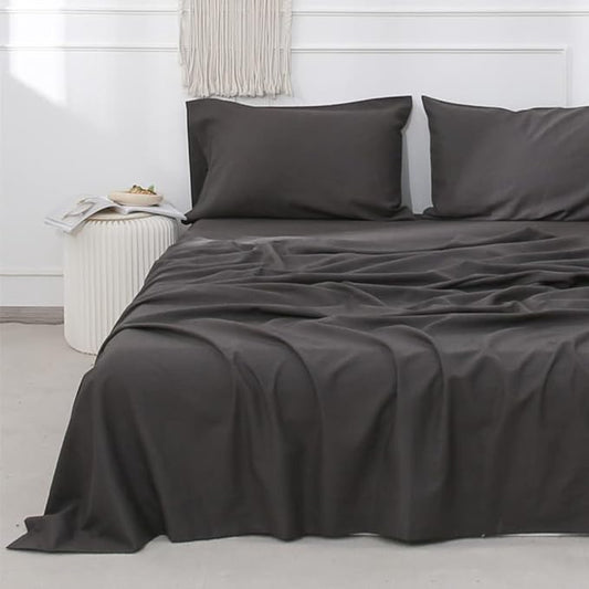 Simple&Opulence Belgian Linen Sheet Set Solid Color - 4 Pieces (1 Flat Sheet, 1 Fitted Sheet & 2 Pillowcases) Natural Flax Cotton Blend Soft Breathable Farmhouse Bedding - Queen Size, Dark Grey