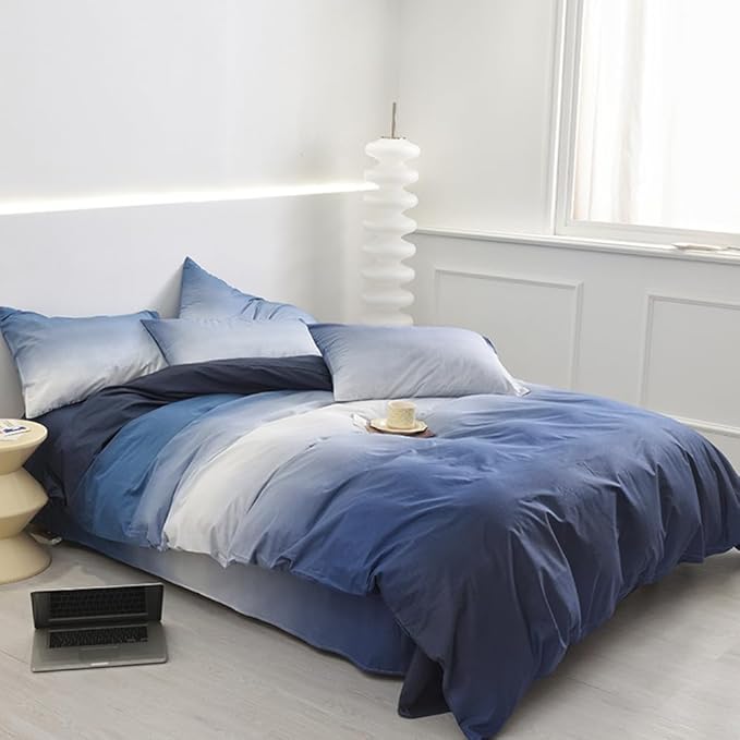 CLOTHKNOW Blue White Full Size Comforter Sets Blue Gradient Bedding Comforter Sets All Season Soft Comforters with 2 x Pillow Cases