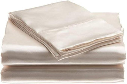 100% Pure Silk Satin Sheet Set 4pcs, Silk Fitted Sheet 15" Deep Pocket Mattress fit,Silk Flat Sheet&Silk Pillowcases Set Cool Soft Silk Sheets|Wrinkle Free Fade Resistant Cal-King Ivory