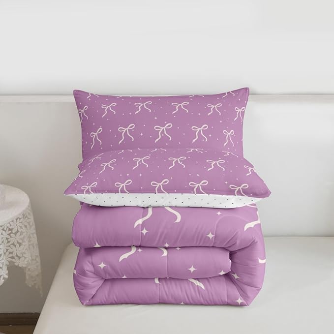 Erosebridal Ribbon Bow Comforter King Size Coquette Bowknot Comforter Set Cute Kawaii Preppy Bows Bedding Set for Teen Girls Kids Women Dreamy Princess Purple Aesthetic Quilt Duvet