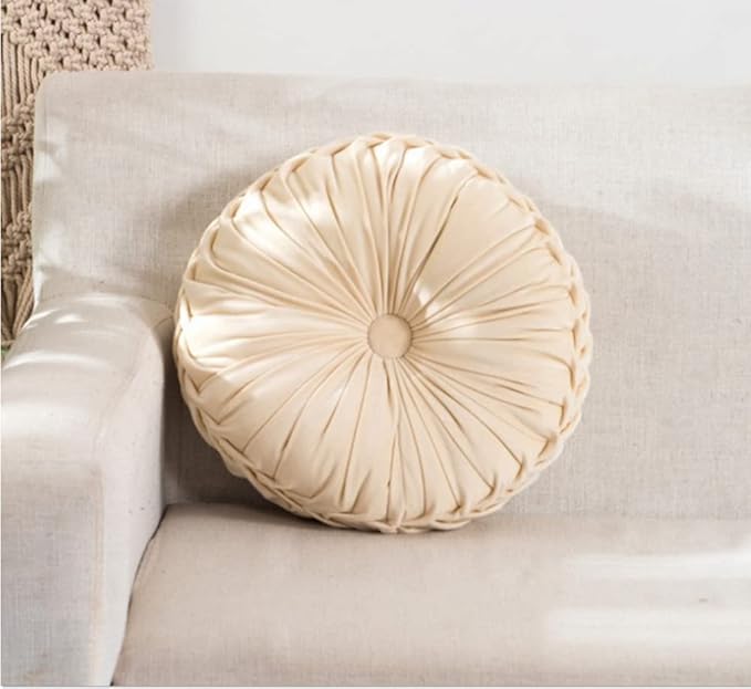 NatureMan 13.7 inch Round Sofa Cushion Pure Color Velvet Home Decor, Pleated Round Cushion, Pumpkin Pillow Suitable for Home Bed car Decoration (Creamy-White)