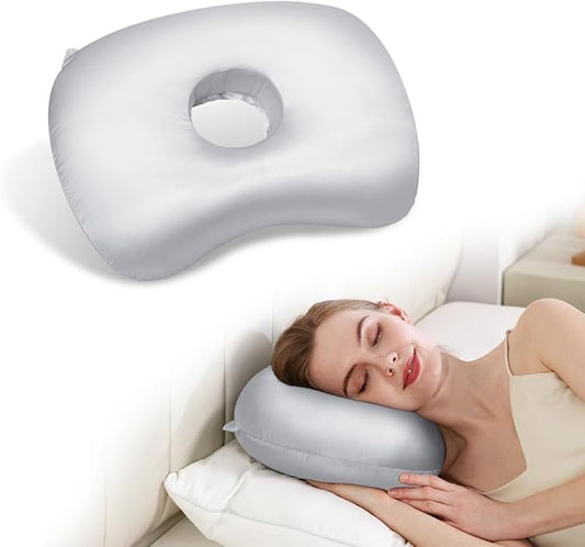 Ear Piercing Pillow for Side Sleepers, Pillow with an Ear Hole for CNH and Ear Pain Ear Inflammation Pressure Sores (Light Gray Silk, 17.3"x12.6"x2")