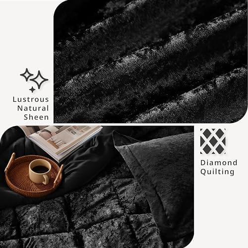 Intelligent Design Queen Comforter Set, Velvet Comforter Set , Luxury Diamond Quilting Comforter Set, Fluffy Comforter Bed Set with Decorative Pillowand 2 Shams, 4 Piece Black, Full/Queen