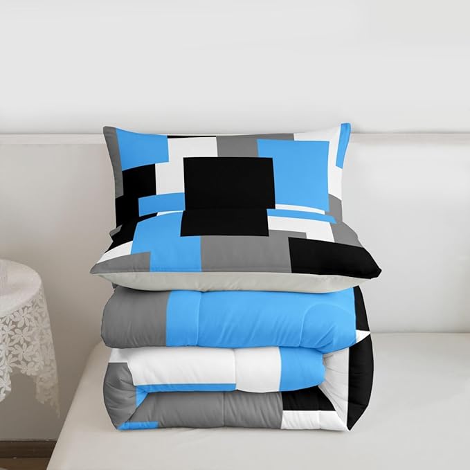 Castle Fairy Modern Abstract Art Kids Comforter Set,Blue Grey Black Bedding Set All Season,Geometric Grid Square Splicing Comforter 2 Pcs with 1 Pillowcase,Toddler Size