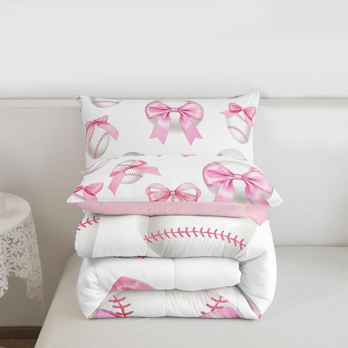 Baseball Bowknot Comforter Set Queen Size,Baseball Sport Games Bedding Sets 3Pcs for Kids Girls Boys Women Room Decor,Pink Bow Tie Print Quilted Duvet Sweet Modern Down Comforter,2 Pillowcases