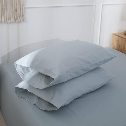 Simple&Opulence Belgian Linen Sheet Set Solid Color - 4 Pieces (1 Flat Sheet, 1 Fitted Sheet & 2 Pillowcases) Natural Flax Cotton Blend Soft Breathable Farmhouse Bedding - Full Size, Dusty Blue