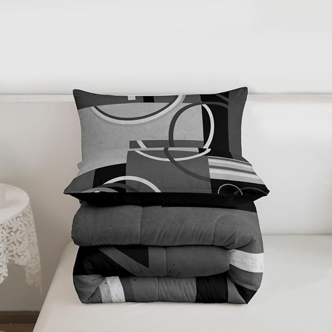 Erosebridal Circles Comforter Set Modern Grey Black White Bedding Sets Twin Size Abstract Swirls Square Quilted Duvet Geometric Stripe Duvet Set Modern Creative Soft Down Comforter with 1 Pillow Sham