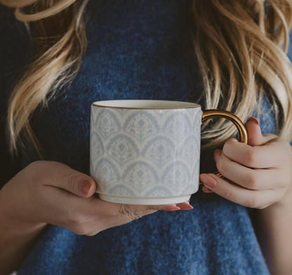 Sweet Water Decor Blue Fan Ceramic Mug with Gold Handle, Large 14oz Fine Bone China Tea Cup, Cute Coffee Mug, Vintage Floral Spring Drinkware, Hostess & Housewarming Gift for Women & Teachers