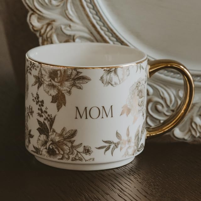 Sweet Water Decor Delft Mom Mug, 14oz Fine Bone China Tea Cup for Hot & Cold Drinks, Cute Mother's Day Gift Coffee Mug with Gold Handle & Rim, Gift for Mom's Birthday & Christmas
