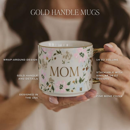 Sweet Water Decor Blue Fan Ceramic Mug with Gold Handle, Large 14oz Fine Bone China Tea Cup, Cute Coffee Mug, Vintage Floral Spring Drinkware, Hostess & Housewarming Gift for Women & Teachers