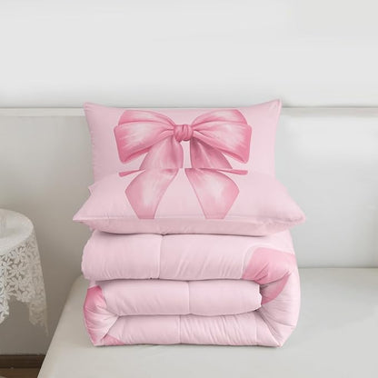 Feelyou Pink Bow Comforter Set All Season Cute Bowknot Bedding Set with 2 Pillow Cases Pricess Style Microfiber Kids King Bedclothes Kawaii Bedroom Decor Duvet Quilt Breathable Soft Lightweight