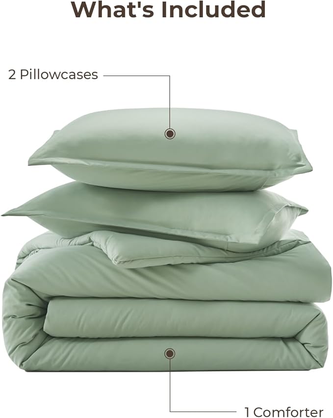 Litanika Oversized Queen Comforter Set, 3 Pieces Sage Green Lightweight Solid Bedding Comforter Set, All Season Fluffy Bed Set (98x98In Comforter & 2 Pillowcases)