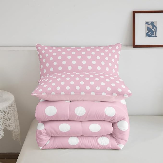 Manfei Polka Dots Comforter Set King Size,Cartoon French Style Princess Pink White Bedding Set 3 Pcs for Women,Modern Geometric Circles Abstract Simple Art Comforter,2 Pillowcases