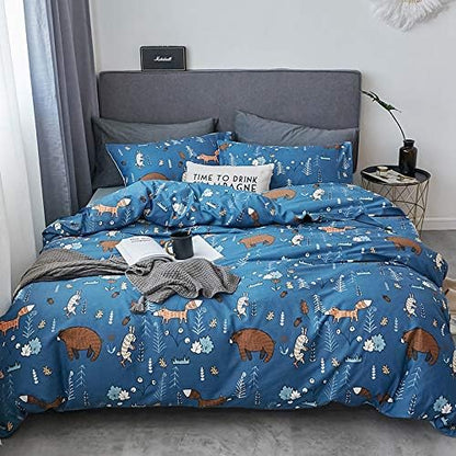 Houseri Blue Bear Twin Comforter Set 3 Pieces Toddler Boys Girls Navy Cartoon Woodland Bedding Sets Comfy Soft Kids Gift Fox Rabbit Forest Animal Painting Breathable Dark Color Bed Quilts Twin Size