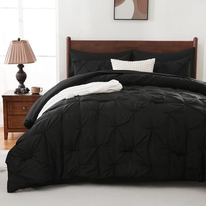 Sheet&Joy Full Size Comforter Set,7-Piece Bed in a Bag Double, Pintuck Bedding Set for All Season, Includes Comforter, Flat Sheet, Fitted Sheet, Pillowcases and Pillowshams, Black