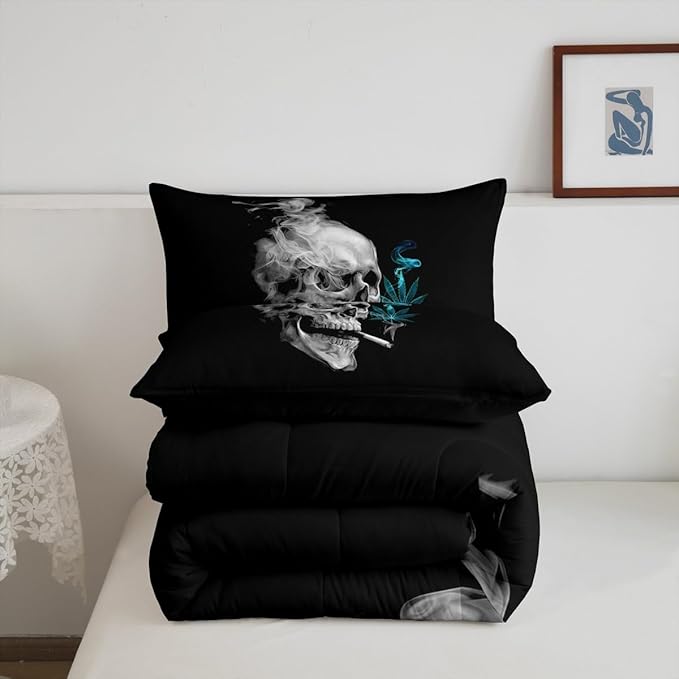 Erosebridal Gothic Skull Bedding Full,Turquoise Leaves Comforter Set for Kids Boys Girls,Smoky Skeleton Down Comforter, Plant Tropical Botanical Bedding Comforter Sets