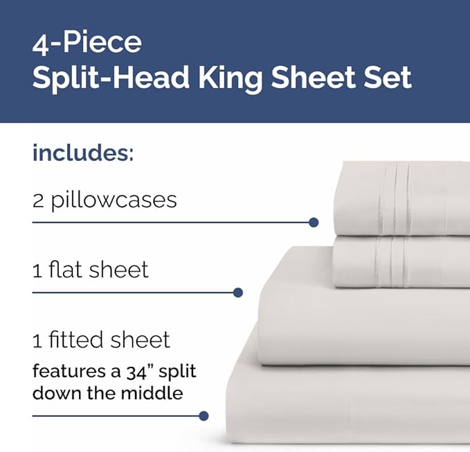 Flex Top Split Head King 4 Piece Sheet Set - Comfy Breathable & Cooling Bed Sheets Set - Hotel Luxury Bedding for Women, Men, Kids, Teens, Boys & Girls - Deep Pockets, Soft - Oeko-Tex - French Grey