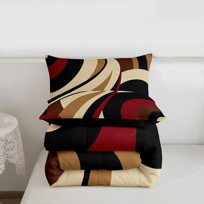 Red Brown Spiral King Bedding Set for Adult Women Men Modern Swirls Stripes Abstract Comforter Sets for Minimalists Boho Aesthetic Geometric Bed Sets Graffiti Art Lines Quilt Duvet Insert