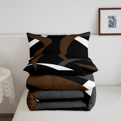Erosebridal Abstract Black Brown Bedding Comforter Sets Dark Grey White Striped Bedding Set Queen Geometric Abstract Down Comforter for Boys Adults Men Modern Fashion Quilt Duvet