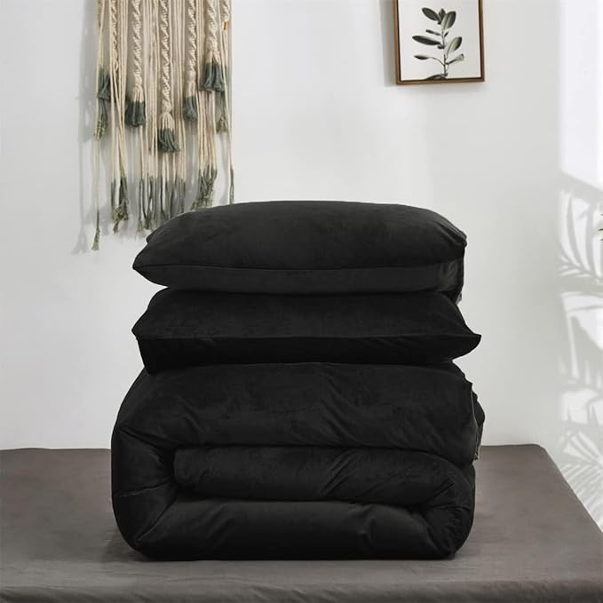 KAREVER Black Velvet Comforter Set - King Flannel Bedding Comforter Set 3 PCs Warm Soft Solid Black King Flannel Comforter Winter Blanket Set