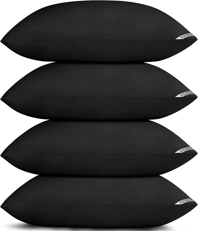 Down Alternative Bed Pillows, Standard Size 4-Pack - Gentle & Safe Plush Hotel Pillows for Side Back Stomach Sleepers - Supportive Black Pillow Set