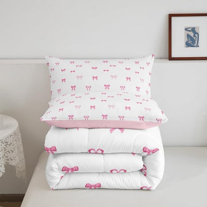 Erosebridal Bow Bedding Set Twin Size, Girls Pink Bow Comforter Set for Kids Women Ultra Soft Cute Bowknot Comforter Kawaii Room Decor Duvet Set Coquette Princess Bowtie Quilt