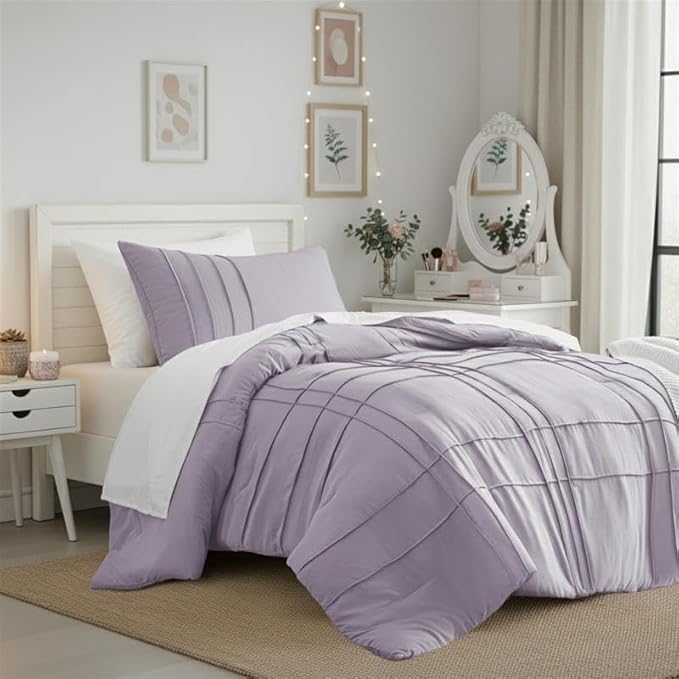 Twin Size Comforter Set Lavender Purple, 2 Pieces Bedding Set, Ultra Soft Prewashed Bed Set, Pinch Pleat All Seasons Lightweight Comforter and Sham