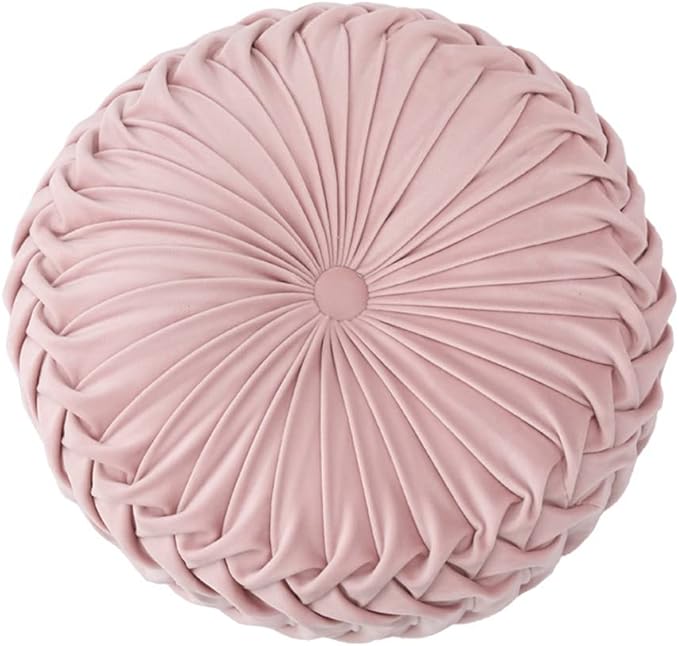 NatureMan 13.7 inch Round Sofa Cushion Pure Color Velvet Home Decor, Pleated Round Cushion, Pumpkin Pillow Suitable for Home Bed car Decoration (Pink)