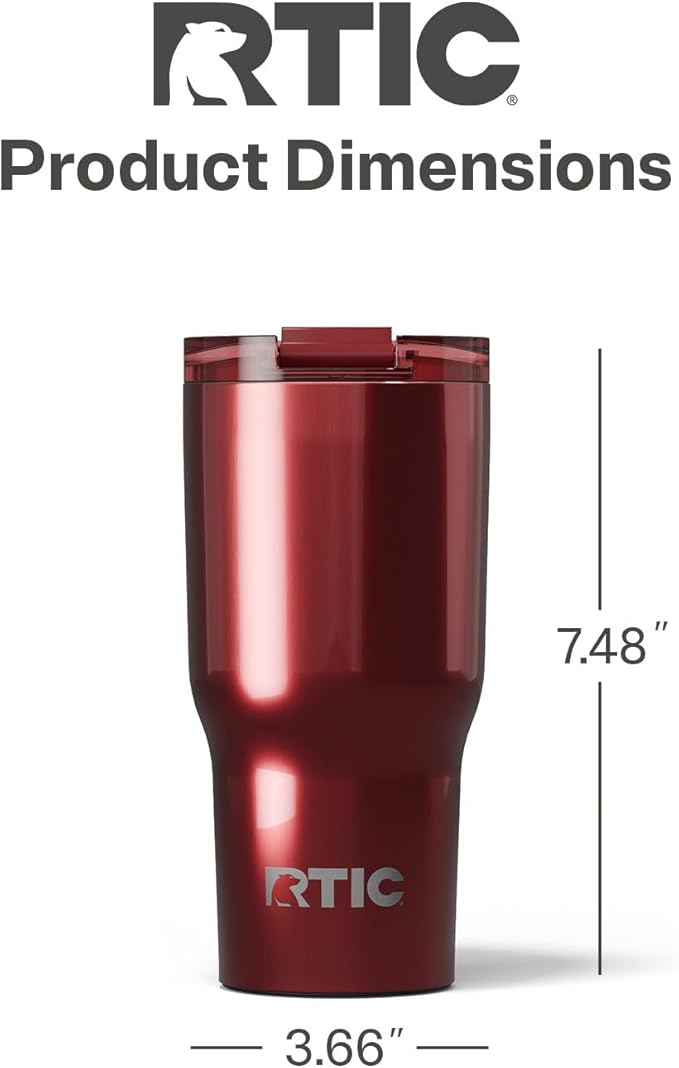 RTIC 20oz Essential Tumbler with Lid, Insulated, Stainless Steel, Metal, Double Wall Vacuum-Insulation, Ceramic Lined, Travel Cup for Iced Coffee, Tea, Hot and Cold Drink, Black Cherry Metallic