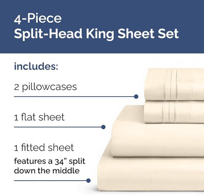 Split Head King Sheet Set – 4 Piece Flex Split Top King Sheets for Adjustable Beds - Fits 14” to 16" Mattress w/ Deep Pockets - Soft, Breathable & Cooling - Luxury Bedding and Wrinkle Free - Off White