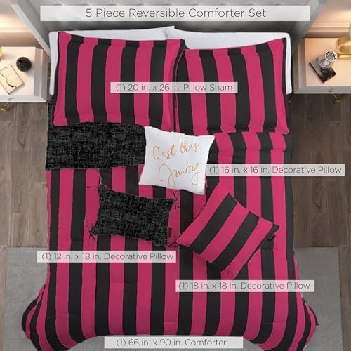 Juicy Couture Cabana Stripe Reversible Bedding Set - Twin/Twin XL Size - Black and Hot Pink Stripe Print - 5 Piece Set - Includes 1 66" x 90" Comforter, 3 Decorative Pillows, 1 Sham