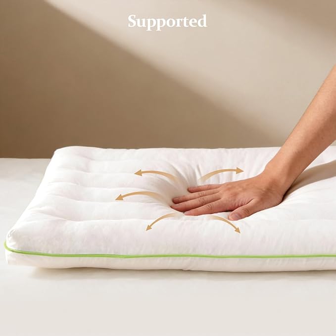 Low Profile Flat Thin Pillow (3.35″) for Stomach & Back Sleepers, Soft Flat Bed Pillow with 7D Fiber Fill & Cotton Cover, Standard Size, Machine Washable