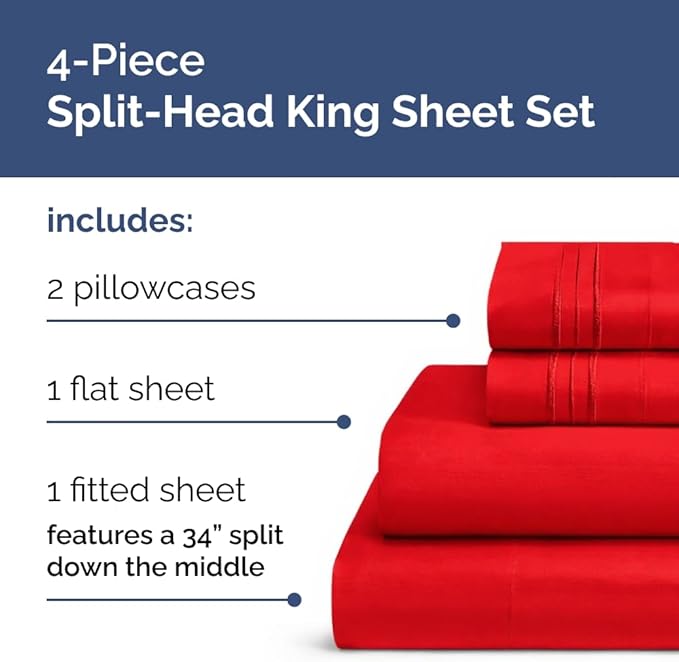 Flex Top Split Head King 4 Piece Sheet Set - Comfy Breathable & Cooling Bed Sheets Set - Hotel Luxury Bedding for Women, Men, Kids, Teens, Boys and Girls - Deep Pockets, Ultra-Soft & Oeko-Tex - Red