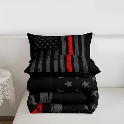 Erosebridal American Flag Comforter Set Twin Black Grey Red Line Flag Bedding Set for Men Boys Kids Girls Novelty Star Stripe Down Comforter Retro Vintage Flags Bedding Sets & Collections