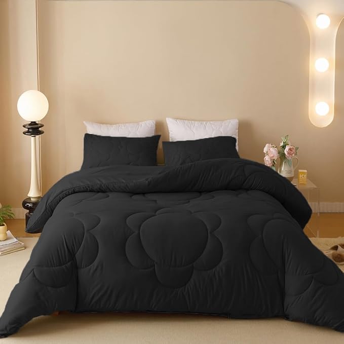 CLOTHKNOW Black Queen Comforter Set 3Pcs Daisy Puff Bedding Comforter Sets Boho Black Comforter Queen Size