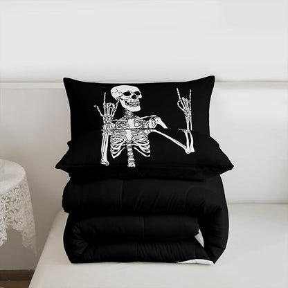 Erosebridal Gothic Skull Toddler Bedding Set, Halloween Rock Roll Music Hippie Posing Skeleon Comforter Set, Black Comforter, Funny Skull Skeleton Victory Quilt with 1 Pillowcase