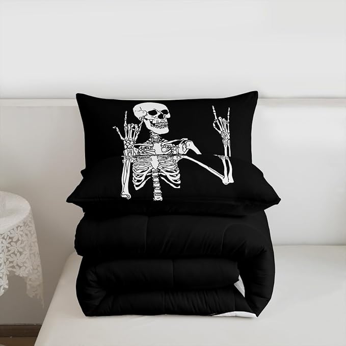 Erosebridal Gothic Skull King Size Comforter Set, Halloween Rock Roll Music Hippie Posing Skeleon Bedding Set, Black Comforter, Funny Skull Skeleton Victory Quilt with 2 Pillowcases