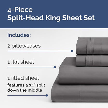 Split Head King Sheets Set - Top Split King Sheets for Adjustable Beds, Easy-Fit Split Head King Mattress - Flex Split Top King Sheets, Easy-Fit, Breathable, Deep Pocket Split King Sheets - Dark Grey