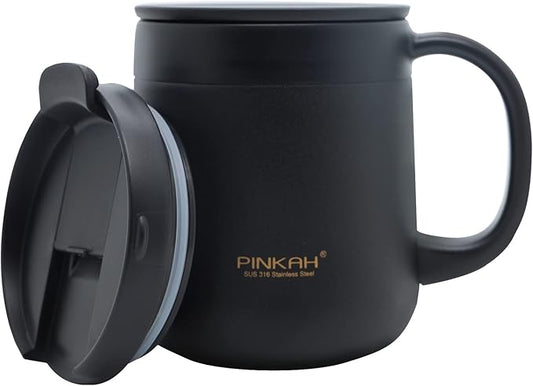 11OZ 330ML Stainless Steel Insulated Coffee Mug with Handle, Double Wall Stainless Steel Tumbler Cup with 2 Lids, Black