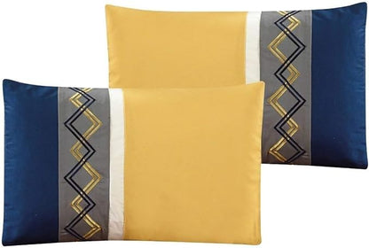 Chezmoi Collection Arden 7-Piece Modern Pleated Stripe Embroidered Zigzag Bedding Comforter Set (Oversized King, Navy/Gray/Yellow/White)
