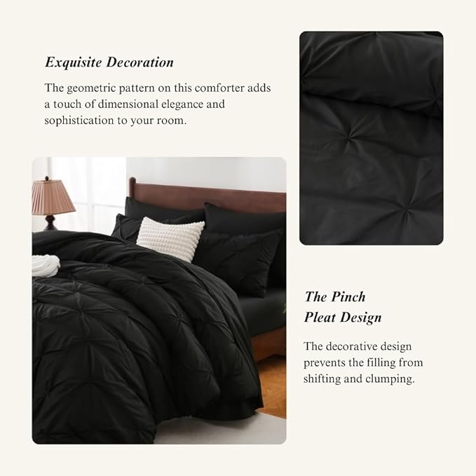 Sheet&Joy King Size Comforter Set, 7-Piece Bed in a Bag, Pintuck Bedding Set for All Season, Includes Comforter, Flat Sheet, Fitted Sheet, Pillowcases and Pillowshams, Black