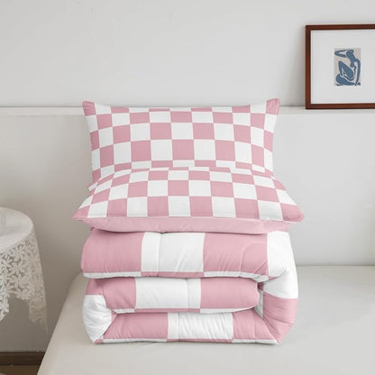 Feelyou Checkered Bedding Set Teen Women Men Pink Plaid Comforter Set Queen Size Kids Boys Girls Cute Retro Neutral Checkerboard Geometric Duvet Insert Vintage Aesthetic Room Decor