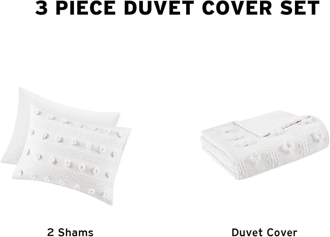 Intelligent Design Queen Duvet Cover Set, Clipped Jacquard Duvet Set Chic Pompoms Accent, All Seasons Lightweight Microfiber Bed Cover for Comforter with 2 Shams, Lucy, Full/Queen Ivory 3 Piece