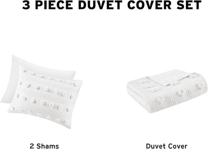 Intelligent Design Queen Duvet Cover Set, Clipped Jacquard Duvet Set Chic Pompoms Accent, All Seasons Lightweight Microfiber Bed Cover for Comforter with 2 Shams, Lucy, Full/Queen Ivory 3 Piece