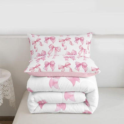 Erosebridal Cute Pink Bow Full Bedding Set for Girls,Dreamy Coquette Bowknot Comforter Set Girly Princess Style Bedding Comforter Sets Cute Kawaii Pink Bow Bed Set for Kids Teen Women
